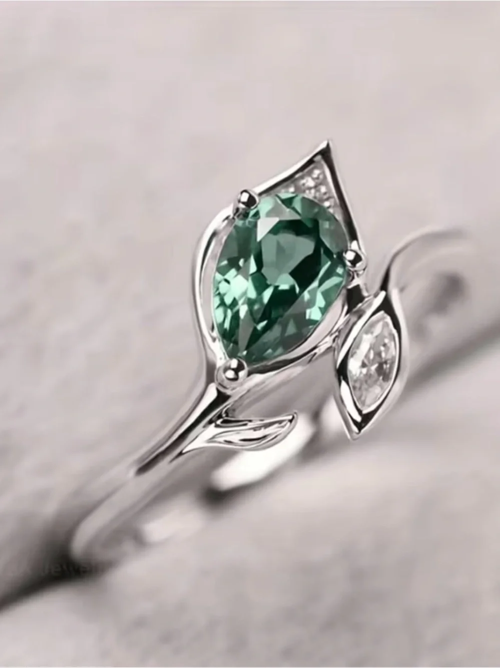 Silver Ring with Green Teardrop Stone and Clear Accent - Picture 4 of 4